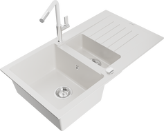 Mexen Matias 1.5-compartment granite sink with a drip tray and kitchen mixer tap Flora, White - 6502-20-670401-02