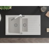 Mexen Matias 1.5-bowl granite sink with drainer and Flora kitchen faucet, white - 6502-20-670401-02