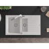 Mexen Matias Granite Sink 1.5-Bowl with Drainer and Kitchen Tap Flora, White - 6502-20-670401-02