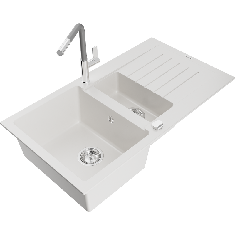 Mexen Matias 1.5-compartment granite sink with a drip tray and kitchen mixer tap Flora, White - 6502-20-670401-06