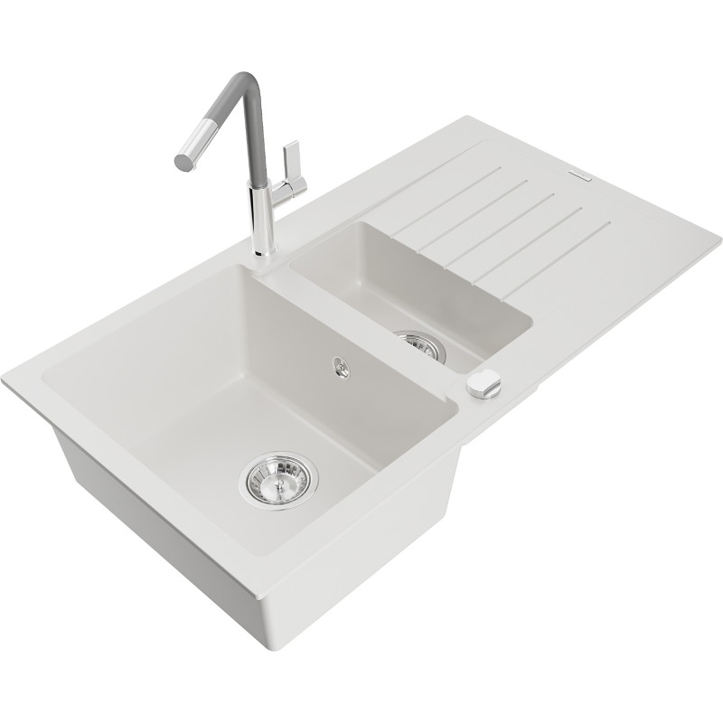 Mexen Matias granite sink 1.5-bowl with drainer and Flora kitchen faucet, white - 6502-20-670401-06
