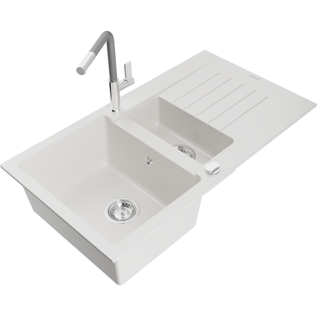 Mexen Matias granite sink 1.5-bowl with drainer and Flora kitchen faucet, white - 6502-20-670401-06