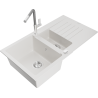 Mexen Matias 1.5-compartment granite sink with a drip tray and kitchen mixer tap Flora, White - 6502-20-670401-06