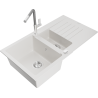 Mexen Matias granite sink 1.5-bowl with drainer and Flora kitchen faucet, white - 6502-20-670401-06