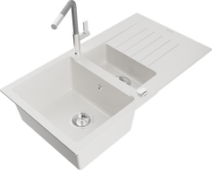Mexen Matias 1.5-compartment granite sink with a drip tray and kitchen mixer tap Flora, White - 6502-20-670401-06