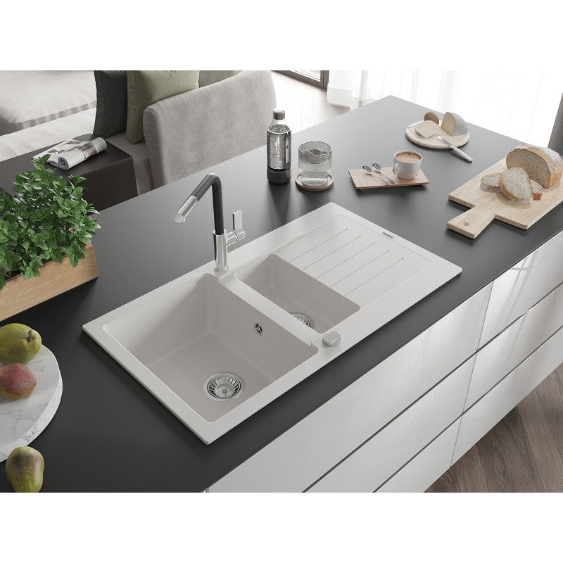 Mexen Matias granite sink 1.5-bowl with drainer and Flora kitchen tap, white - 6502-20-670401-07