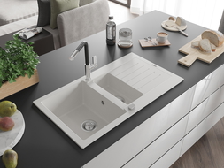 Mexen Matias 1.5-compartment granite sink with a drip tray and kitchen mixer tap Flora, White - 6502-20-670401-07