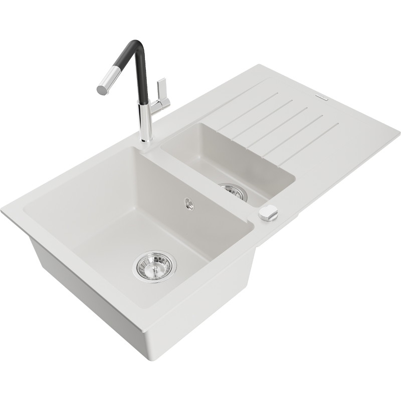 Mexen Matias granite kitchen sink 1.5-bowl with drainer and Flora kitchen faucet, white - 6502-20-670401-07