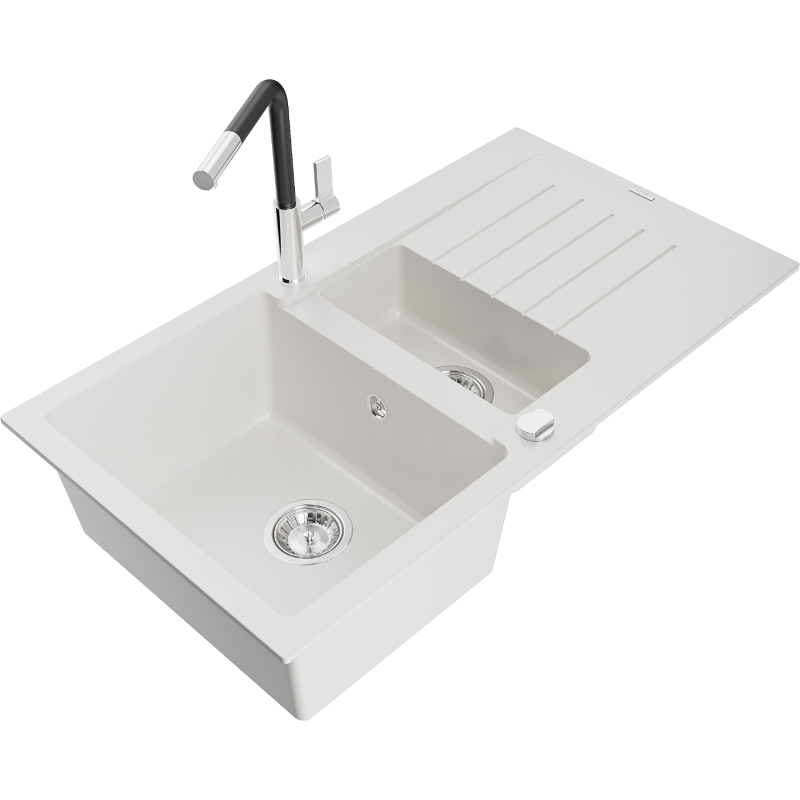 Mexen Matias granite sink 1.5-bowl with drainer and Flora kitchen tap, white - 6502-20-670401-07