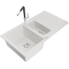 Mexen Matias 1.5-compartment granite sink with a drip tray and kitchen mixer tap Flora, White - 6502-20-670401-07