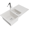 Mexen Matias granite kitchen sink 1.5-bowl with drainer and Flora kitchen faucet, white - 6502-20-670401-07