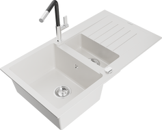 Mexen Matias 1.5-compartment granite sink with a drip tray and kitchen mixer tap Flora, White - 6502-20-670401-07