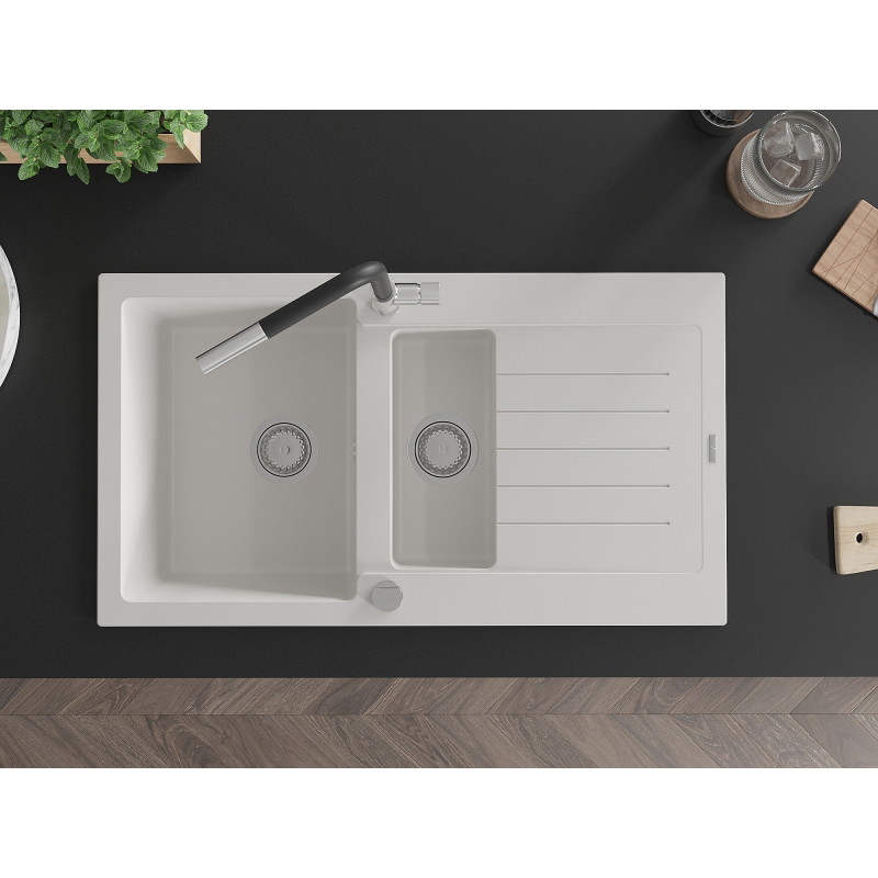 Mexen Matias granite sink 1.5-bowl with drainer and Flora kitchen faucet, white - 6502-20-670401-07