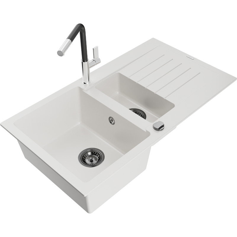 Mexen Matias granite sink 1.5-bowl with drainer and Flora kitchen faucet, white - 6502-20-670401-07-B
