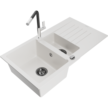 Mexen Matias 1.5-bowl Granite Sink with Drainer and Flora Kitchen Tap, White - 6502-20-670401-07-B