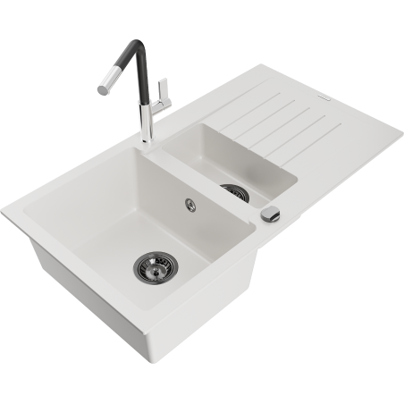 Mexen Matias 1.5-compartment granite sink with a drip tray and kitchen mixer tap Flora, White - 6502-20-670401-07-B