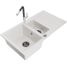 Mexen Matias 1.5-compartment granite sink with a drip tray and kitchen mixer tap Flora, White - 6502-20-670401-07-B