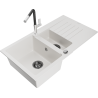 Mexen Matias granite sink 1.5-bowl with drainer and Flora kitchen faucet, white - 6502-20-670401-07-B