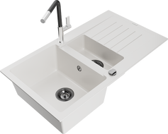 Mexen Matias 1.5-compartment granite sink with a drip tray and kitchen mixer tap Flora, White - 6502-20-670401-07-B
