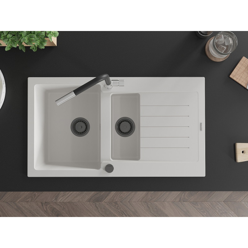 Mexen Matias granite sink 1.5-bowl with drainer and Flora kitchen faucet, white - 6502-20-670401-07-B