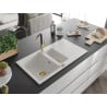 Mexen Matias granite sink 1.5-bowl with drainer and Flora kitchen tap, white - 6502-20-670401-57-G