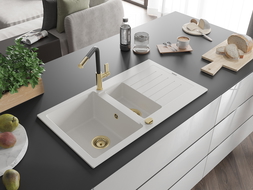 Mexen Matias 1.5-compartment granite sink with a drip tray and kitchen mixer tap Flora, White - 6502-20-670401-57-G
