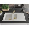 Mexen Matias granite sink 1.5-bowl with drainer and Flora kitchen tap, white - 6502-20-670401-57-G