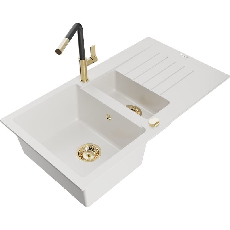 Mexen Matias granite sink 1.5-bowl with drainer and Flora kitchen faucet, white - 6502-20-670401-57-G