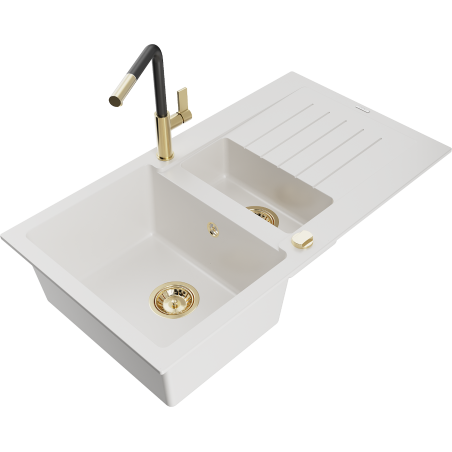 Mexen Matias 1.5-compartment granite sink with a drip tray and kitchen mixer tap Flora, White - 6502-20-670401-57-G