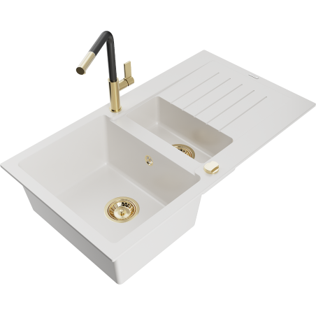 Mexen Matias granite sink 1.5-bowl with drainer and Flora kitchen faucet, white - 6502-20-670401-57-G
