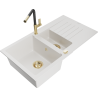 Mexen Matias 1.5-compartment granite sink with a drip tray and kitchen mixer tap Flora, White - 6502-20-670401-57-G