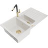 Mexen Matias granite sink 1.5-bowl with drainer and Flora kitchen faucet, white - 6502-20-670401-57-G