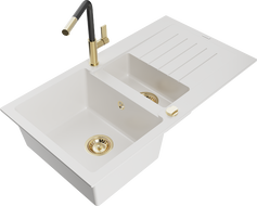 Mexen Matias 1.5-compartment granite sink with a drip tray and kitchen mixer tap Flora, White - 6502-20-670401-57-G