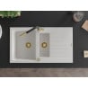 Mexen Matias granite sink 1.5-bowl with drainer and Flora kitchen faucet, white - 6502-20-670401-57-G