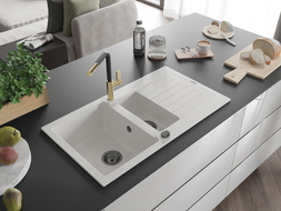 Mexen Matias 1.5-compartment granite sink with a drip tray and kitchen mixer tap Flora, White - 6502-20-670401-57-B