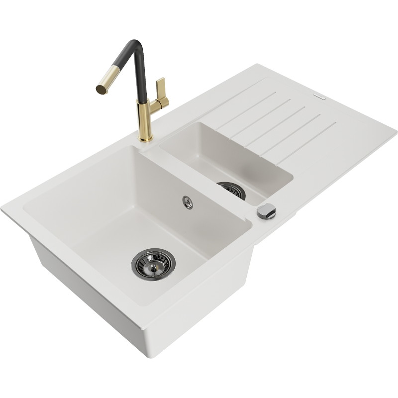 Mexen Matias granite sink 1.5-bowl with drainer and Flora kitchen faucet, white - 6502-20-670401-57-B