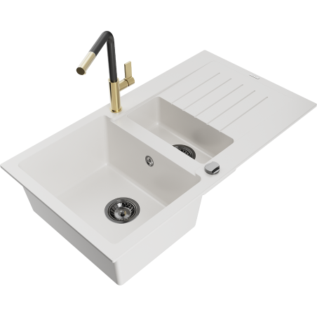 Mexen Matias 1.5-compartment granite sink with a drip tray and kitchen mixer tap Flora, White - 6502-20-670401-57-B