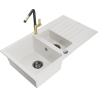 Mexen Matias 1.5-compartment granite sink with a drip tray and kitchen mixer tap Flora, White - 6502-20-670401-57-B