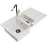 Mexen Matias granite sink 1.5-bowl with drainer and Flora kitchen faucet, white - 6502-20-670401-57-B