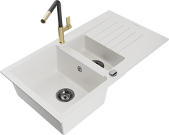 Mexen Matias 1.5-bowl granite sink with drainer and Flora kitchen faucet, white - 6502-20-670401-57-B