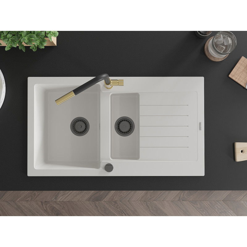 Mexen Matias granite sink 1.5-bowl with drainer and Flora kitchen tap, white - 6502-20-670401-57-B