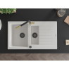 Mexen Matias 1.5-bowl granite sink with drainer and Flora kitchen faucet, white - 6502-20-670401-57-B