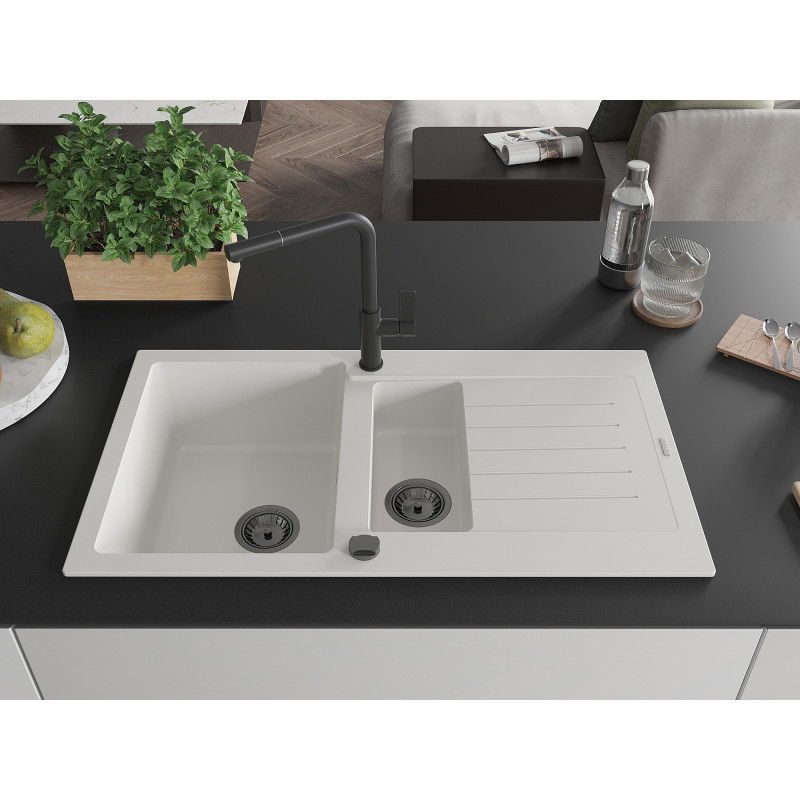 Mexen Matias granite kitchen sink 1.5-bowl with drainer and Flora kitchen faucet, white - 6502-20-670401-70-B