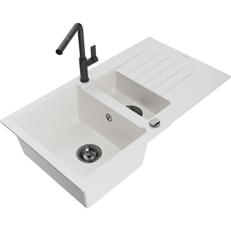 Mexen Matias granite sink 1.5-bowl with drainer and Flora kitchen faucet, white - 6502-20-670401-70-B