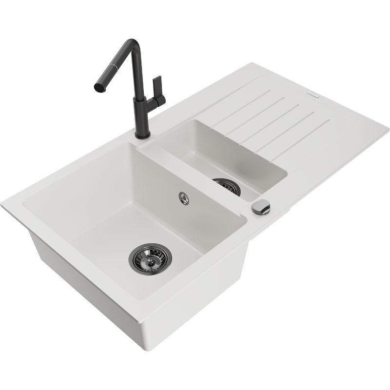 Mexen Matias granite sink 1.5-bowl with drainer and Flora kitchen tap, white - 6502-20-670401-70-B