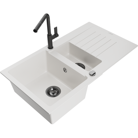 Mexen Matias 1.5-compartment granite sink with a drip tray and kitchen mixer tap Flora, White - 6502-20-670401-70-B