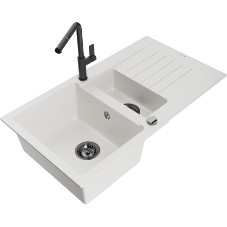 Mexen Matias granite sink 1.5-bowl with drainer and Flora kitchen tap, white - 6502-20-670401-70-B