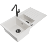 Mexen Matias 1.5-compartment granite sink with a drip tray and kitchen mixer tap Flora, White - 6502-20-670401-70-B