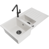 Mexen Matias granite kitchen sink 1.5-bowl with drainer and Flora kitchen faucet, white - 6502-20-670401-70-B