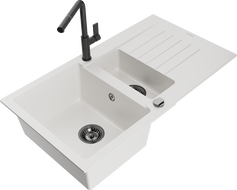 Mexen Matias 1.5-compartment granite sink with a drip tray and kitchen mixer tap Flora, White - 6502-20-670401-70-B